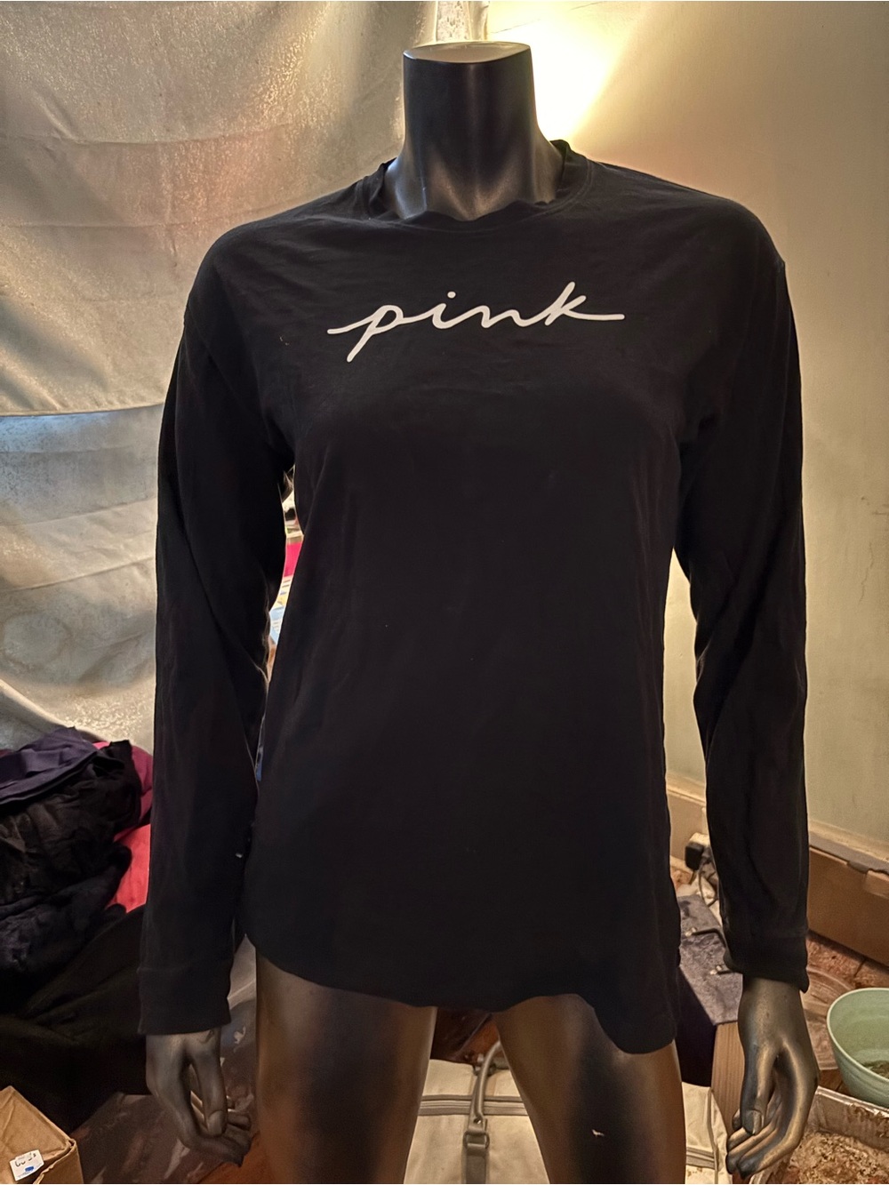 Victoria's Secret PINK Black Long-Sleeve Script Logo Tee